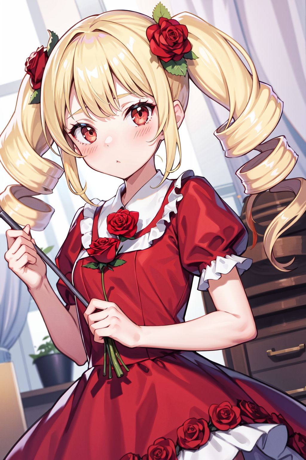 250614-2161840589-1girl,flower,dress,blonde hair,hair ornament,solo,hair flower,red dress,rose,drill hair,short sleeves,red flower,red rose,__,hol.jpg